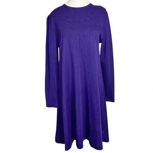 Liz Clairborne Vintage Purple Embroidered Midi Long Sleeve Dress